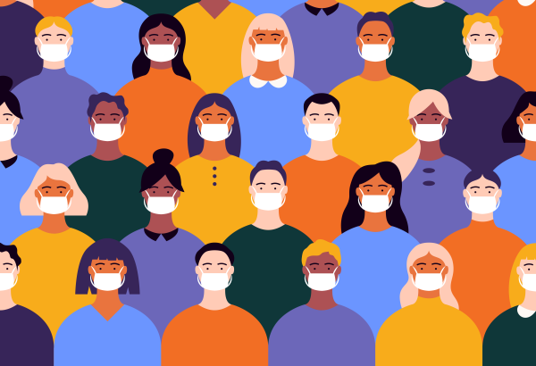 drawing with multiple people of all colors wearing a mask